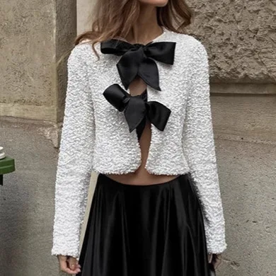 

Элегантный галстук-бабочка, осенняя женская куртка с круглым вырезом и блестками на шнуровке, женский короткий кардиган, темпераментное пальто Verrsatile для женщин