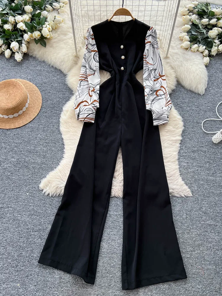 

Ele Floral Print Long Sve Jumpsuit Women's High Waist Wide Leg Pants Faionable Autumn Outfit Commute Straight Cut