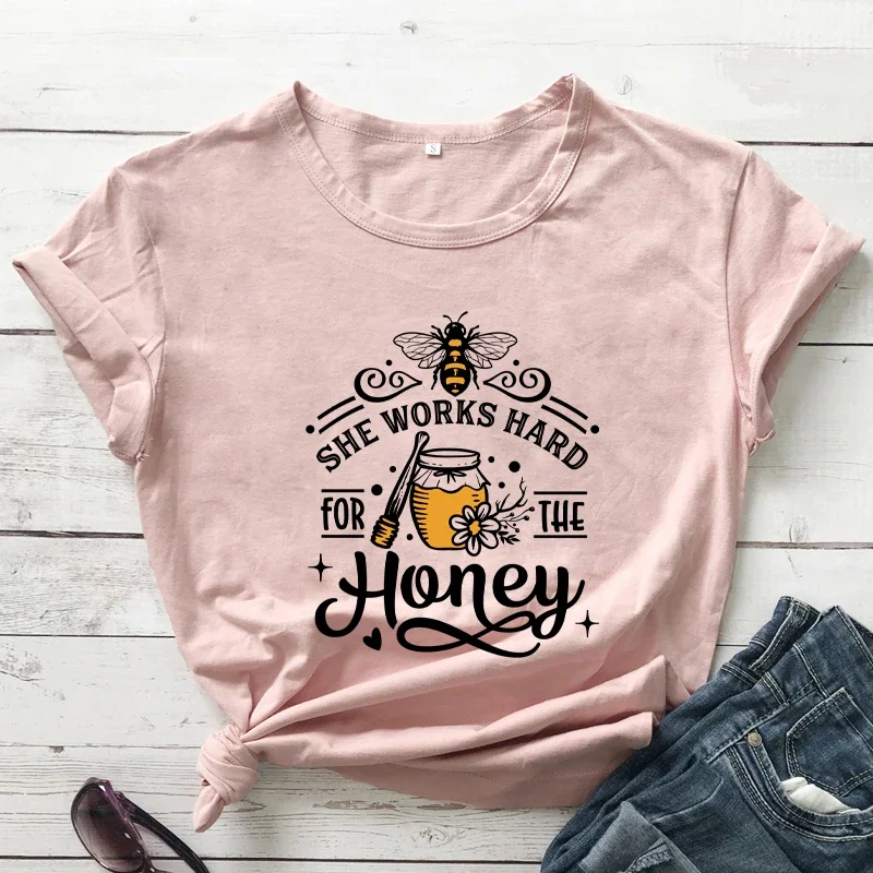 Y 2K Korte Mouwen T-Shirt Ze Werkt Hard Voor De Honingkleurige T-Shirt Bloemenmeisje Tee Vrouwen Trendy Casual Jaren 90 Esthetische Tops