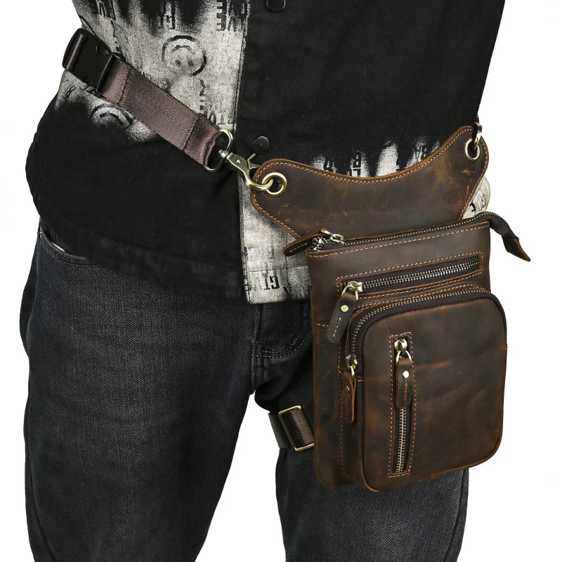 Vintage Biker Waist Bag Men's Top Layer Cowhide Leather Multi-Functional Single Shoulder Bag Genuine Leather Trendy Bag