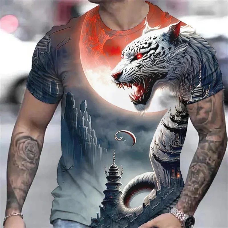 Tiger Fun Animal 3D Print Moon Tower Sports Quick Dry Breathable Men T-shirt Outdoor Street Loose Casual Fitness Short Sleeve