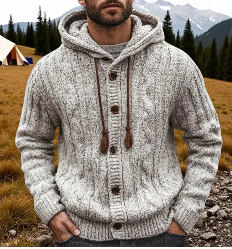 Herbst/Winter Luxus-Mode Herren Strickpullover mit Rippstruktur, Langarm-Kapuzen-Cardigan, Oberteil, Mantel – Detail 1
