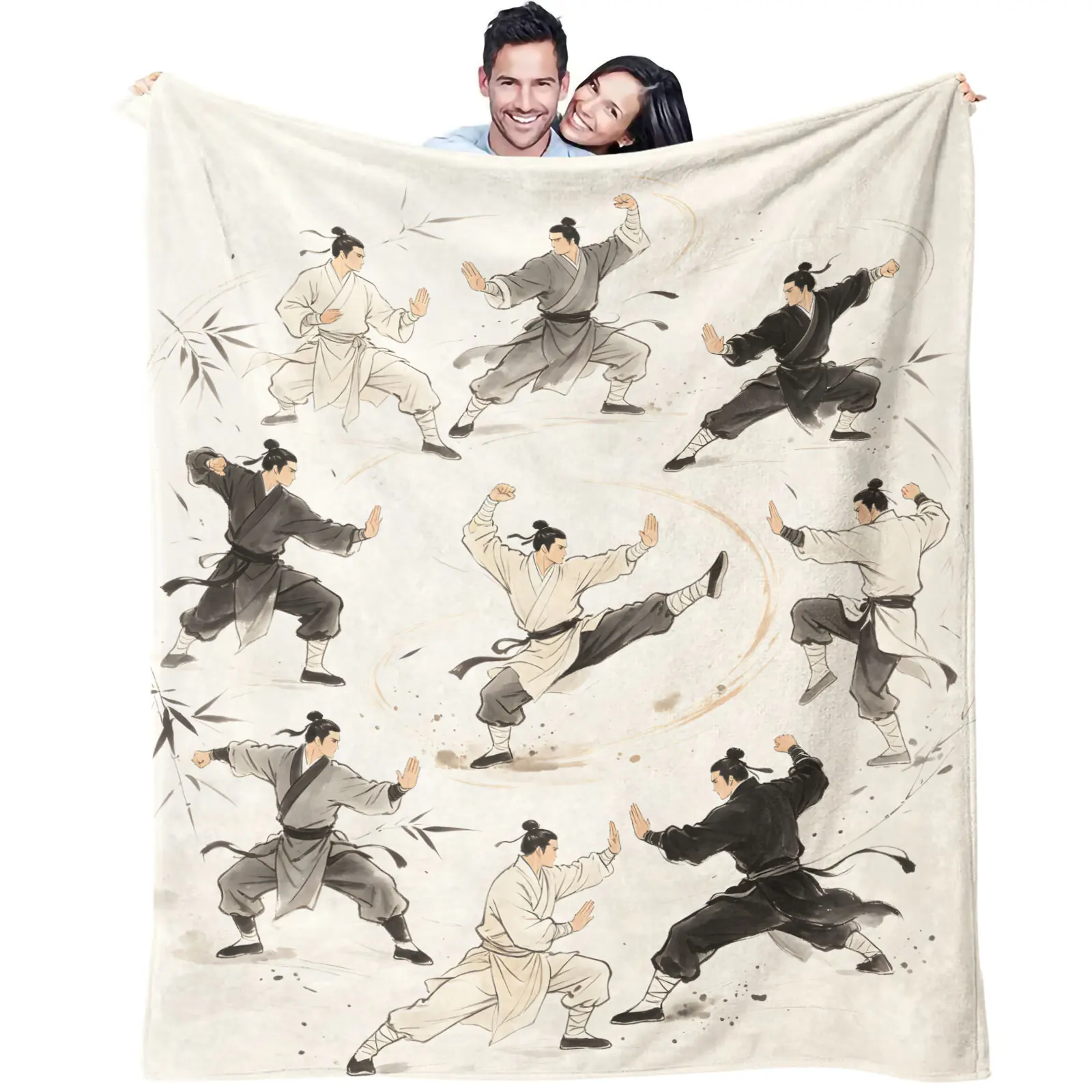 Chinese Kung Fu Wuxia Ink Painting Flannel Throw Blanket Traditional Martial Arts Warrior Print Soft Plush Blanket for Sofa Bed