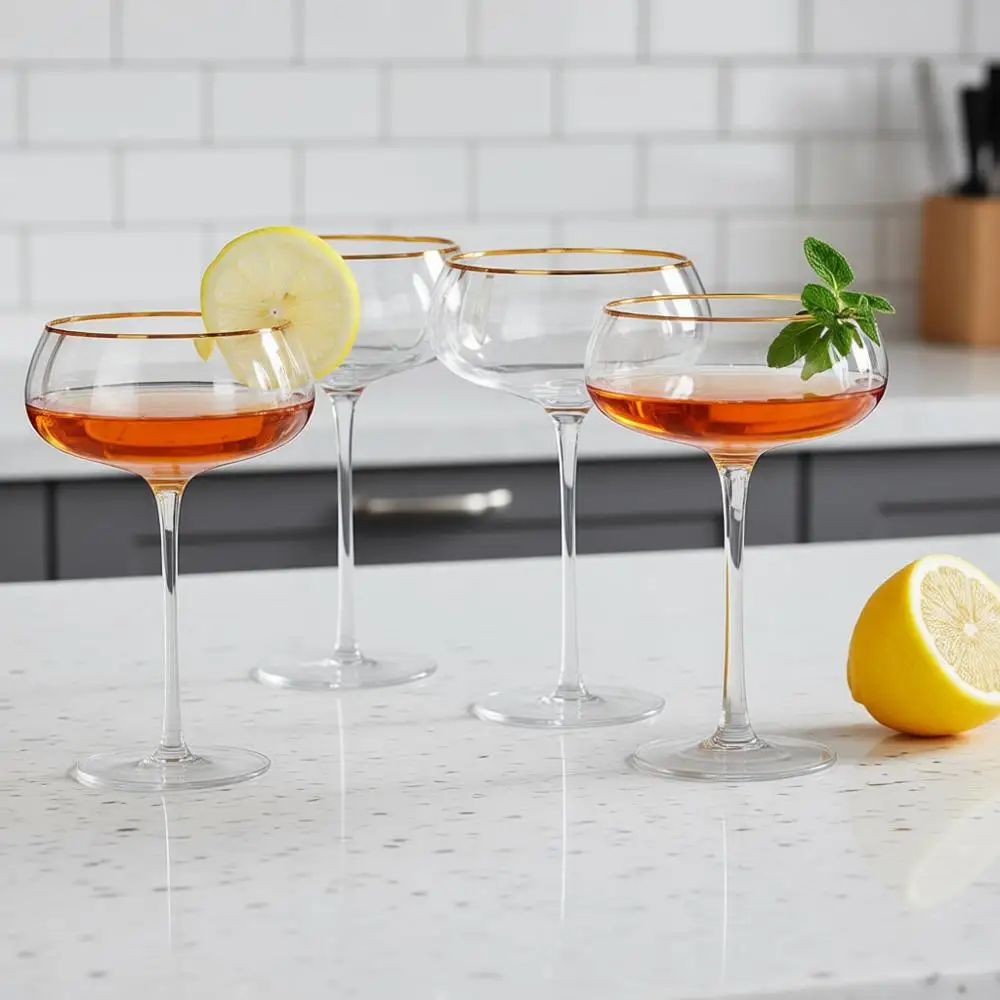 

Vintage Coupe Glasses Set of 4 - Hand Blown Gold Rim Glasses - Perfect for Cocktail & Champagne Parties - 9 oz
