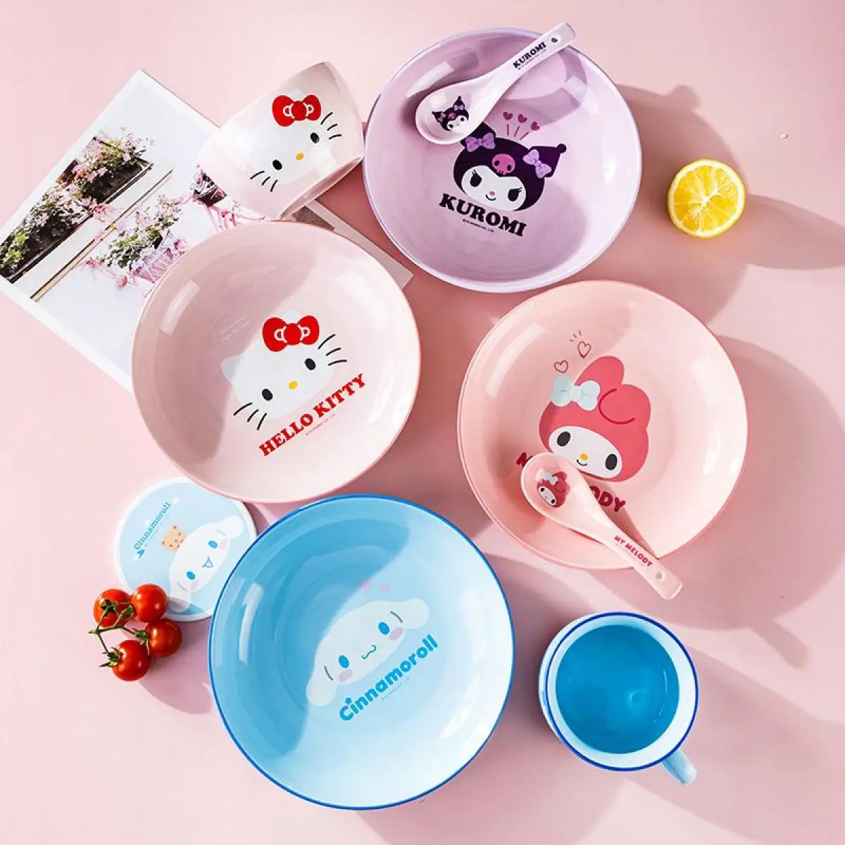Sanrio-lato de cerámica Kuromi de dibujos animados para el hogar, té de la tarde, bonito y delicado, redondo, estampado de alta temperatura, vajilla de fruta y postre