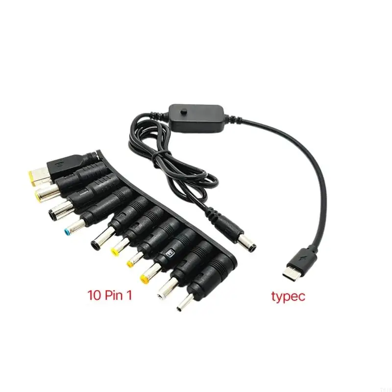 781E Voltaje ajustable Cable alimentación USB C TODC con 10 cabezales conversión adecuados para enrutador, computadora y
