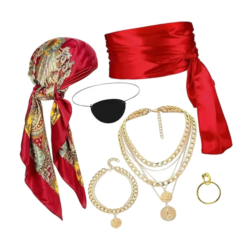 Y5GC Pirate Dress Up Set Headscarf Pirate Sash Necklace Bracelet Earrings Eye Patches
