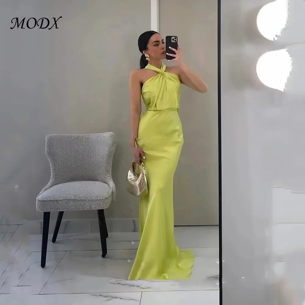 

MODX сексуальное вечернее платье русалки с лямкой на шее, Саудовская Аравия, длиной до пола, платье для выпускного вечера без рукавов, мягкие атласные платья для торжественных случаев