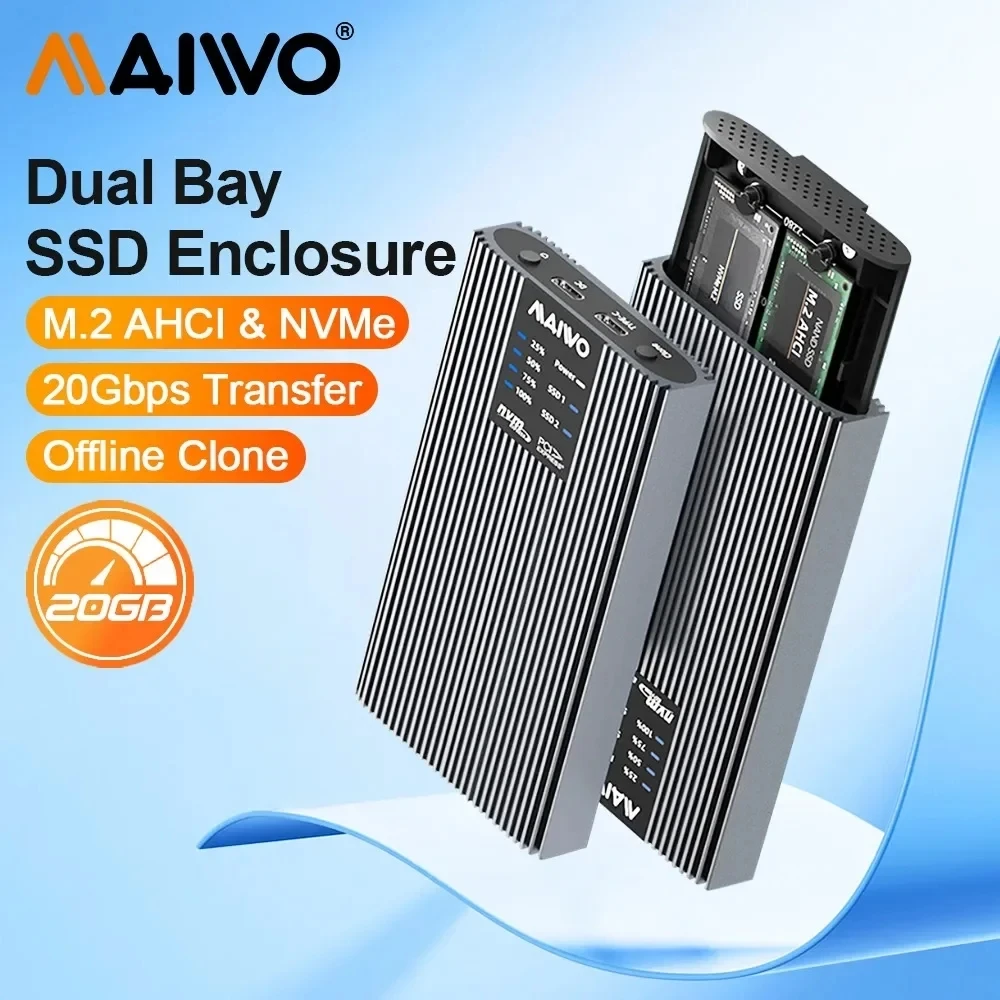 

MAIWO Dual Bay M.2 AHCI&NVMe SSD Enclosure Aluminum Offline Clone 20Gbps M2 NVME Duplicator USB 3.2 Type-C Gen2 to Nvme SSD Case