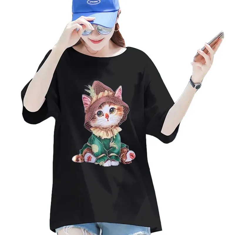 Heavy Industry Hot Drill Cat Harajuku Short Sleeve High Quality Cotton T-shirt Women Kawaii Clothes New Loose Summer Tees Tops