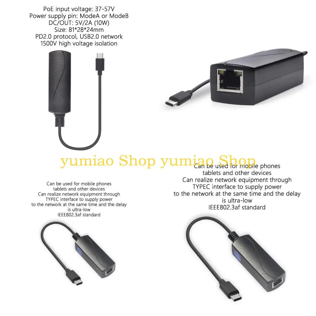 

587B POE to USB C Converter Data Charging Cable POE Convert to USB Type C with 10/100Mbps Ethernet for Phones and Tablets