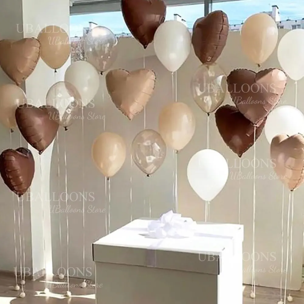 12 Stück cremefarbene Geburtstags-Folienballons, Aprikose, Braun, Beige, Herz, Stern, Heliumballons für Boho, Babyparty, Geburtstagsparty-Dekoration – Detail 2