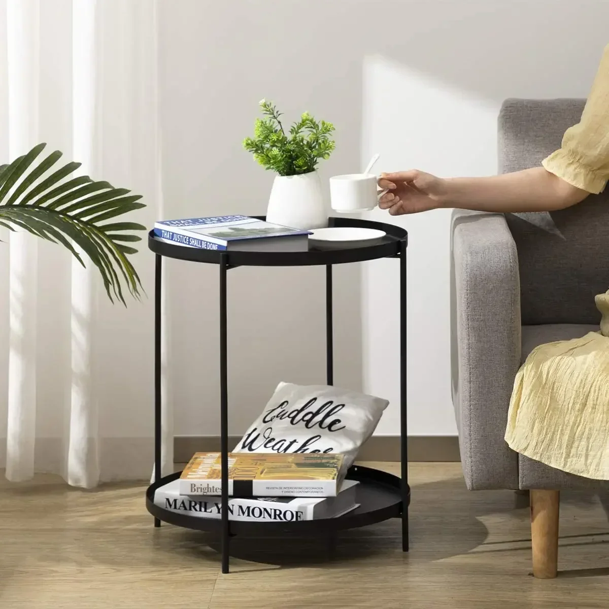 Modern Rustic 2-Tier Metal Round little Space Coffee Dining Table Coffee image 3
