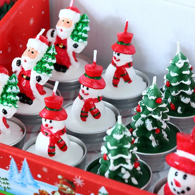 12PCS Set Christmas Candles, Santa Claus, Tree, Snowman, Carnival, Romantic Ornaments, Candlelight Dinner, Christmas Painted