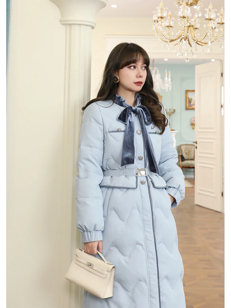 

Винтажное женское пуховое пальто средней длины с поясом на талии, на одной пуговице, с узлом, теплое, на зиму