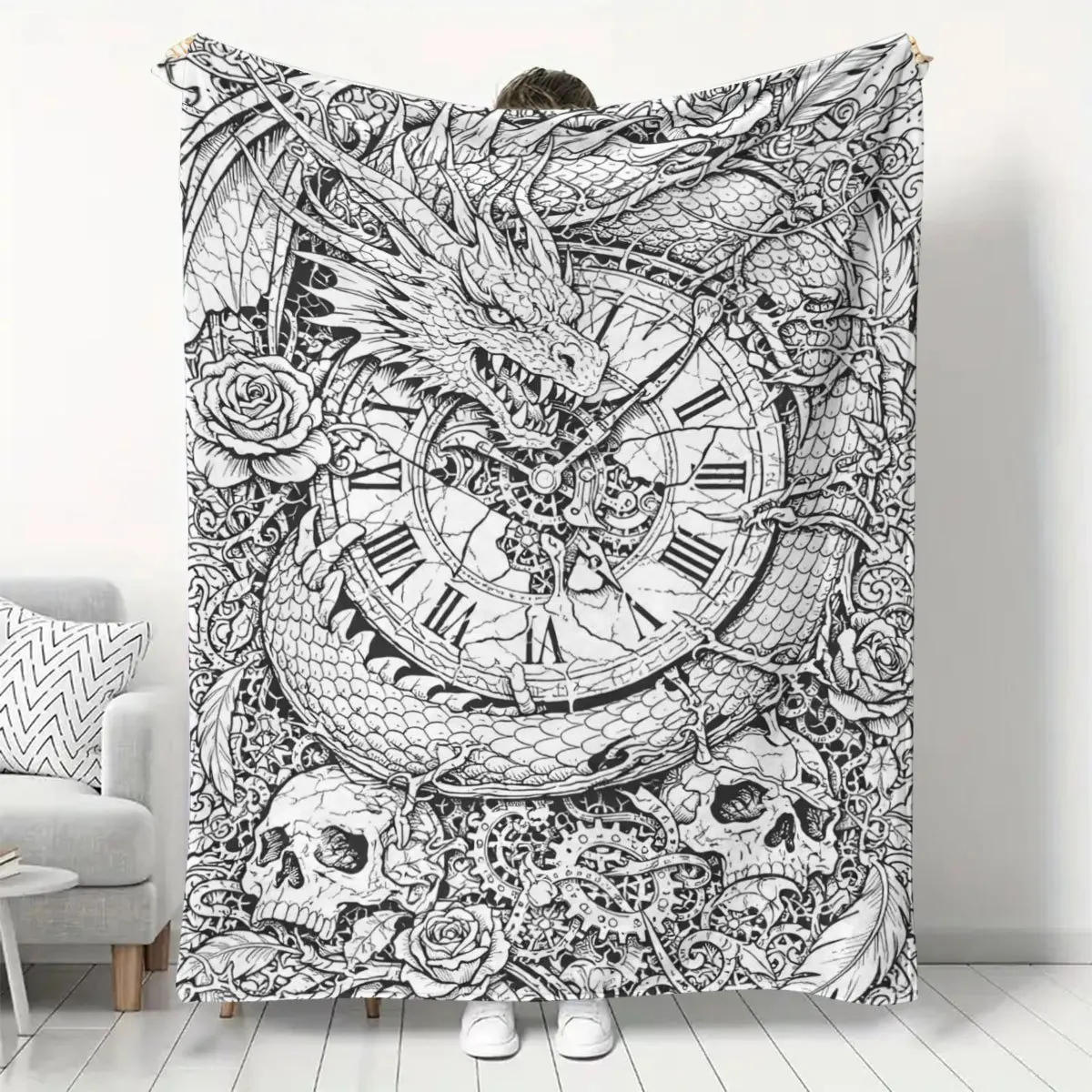 Line Art Dragon Clock Skull Rose Gothic Decor Pattern Throw Blanket Soft Flannel Living Room Couch Bed Warm Home Decor Gift