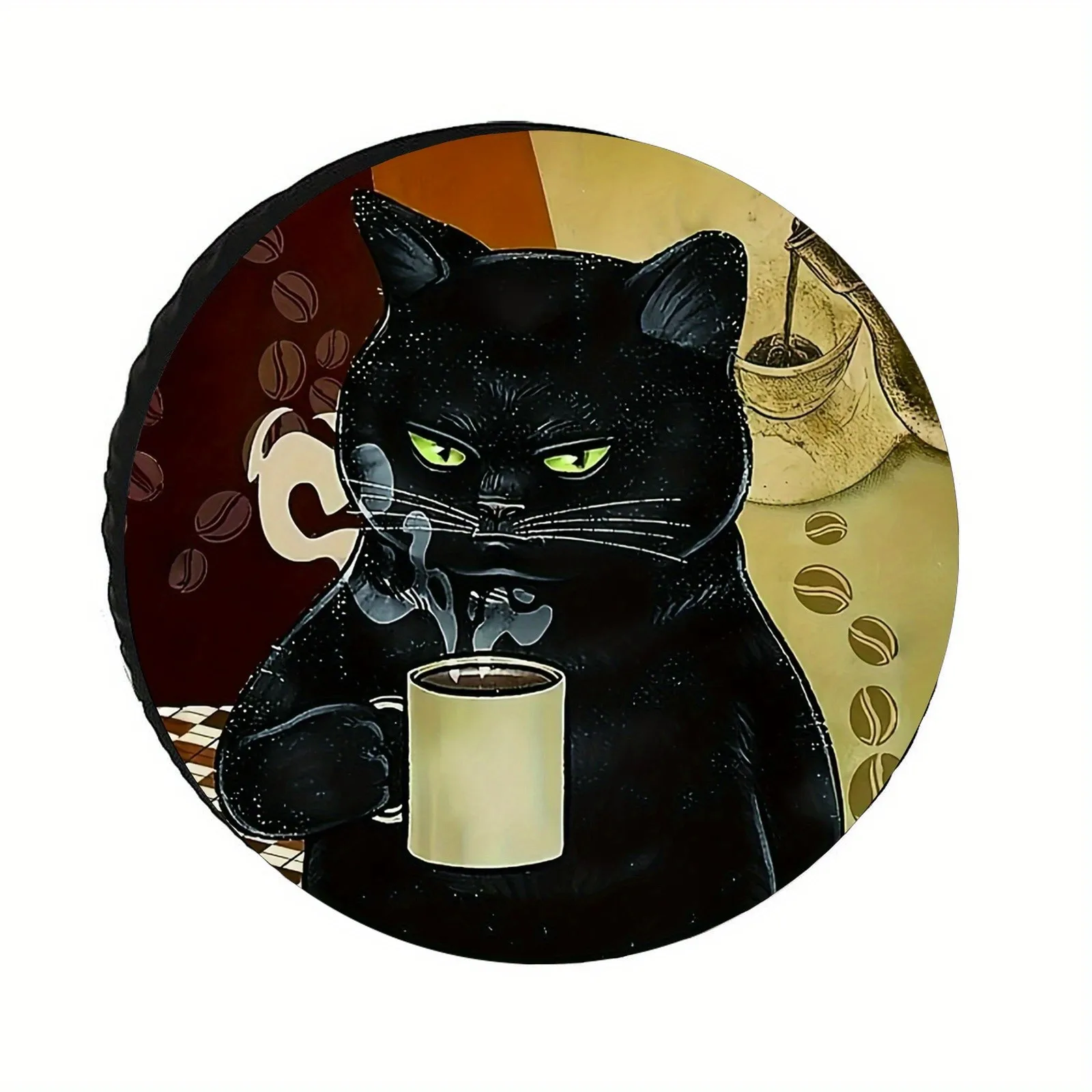 Black Cat with Coffee Spare Tire Cover Universal Weatherproof Protector for RV Trailers Campers Durable Polyester