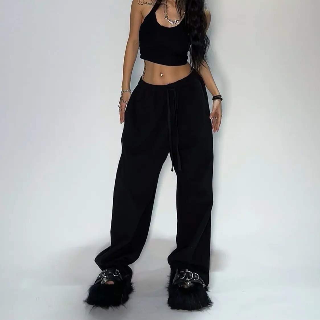 Y2K Gray Jogging Sweatpants Women Hippie Streetwear Oversized Sports Pants Loose Straight Wide Leg Trousers Korean Style