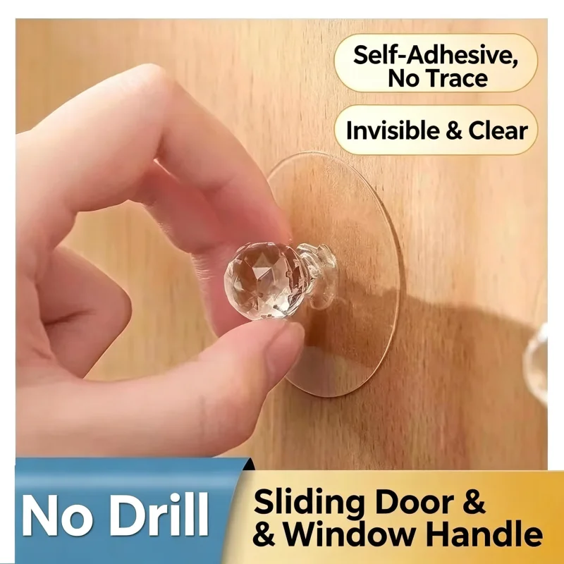 Strong Stick Invisible Crystal Door Handle, No Drilling Self-Adhesive Knob for Cabinet, Wardrobe & Bathroom