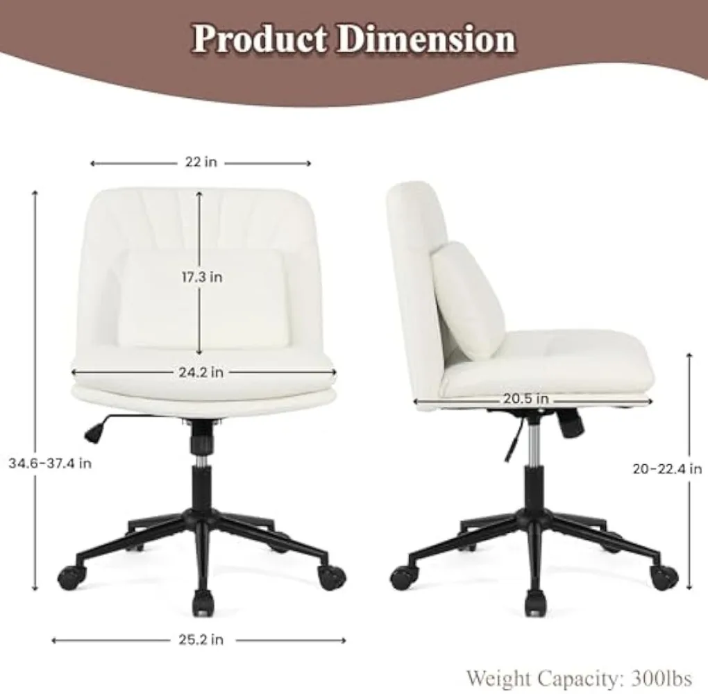 Armless Office Chair Desk Chair with Wheels Pu Leather Cross Legged Office Chair, with Lumbar Cushion for Home & Office