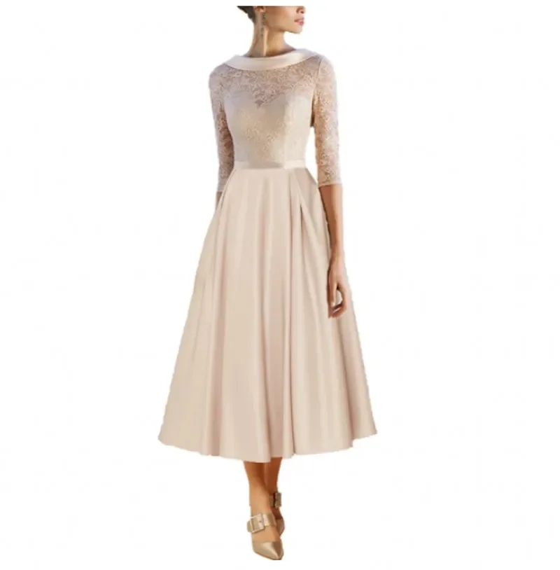 

2026 Vintage Bowl Neck Half Sleeves Tea Length Champagne Mother of the Bride Dresses Wedding Party Gown Church Suits
