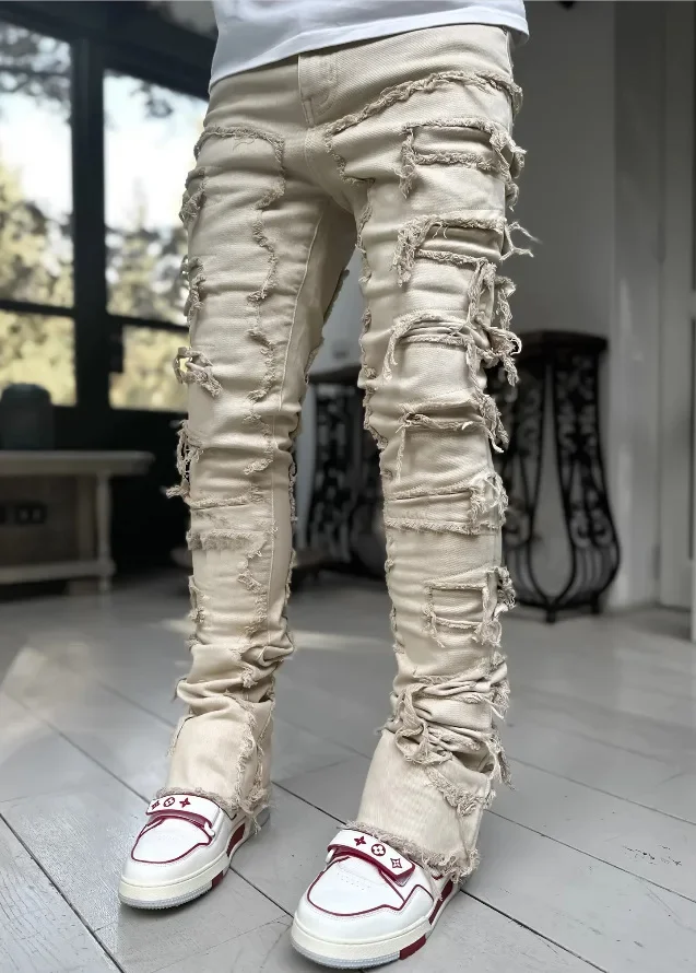 High Street White Men\'s Stacked Jeans Stretched Patchwork Tassel Damaged Denim Full Length Pants Hip-pop Trousers For Male