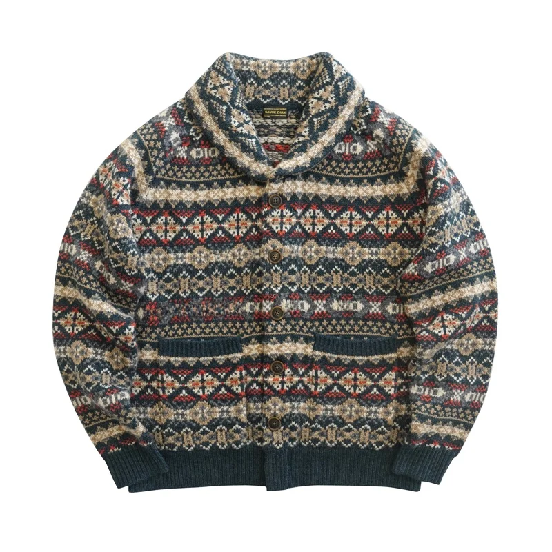 Thiened Woolen Cardigan Sweater Vintage Ameiia Outerwear Loose Fit Long Sve Warm Geometric Pattern Men's Knittedwear