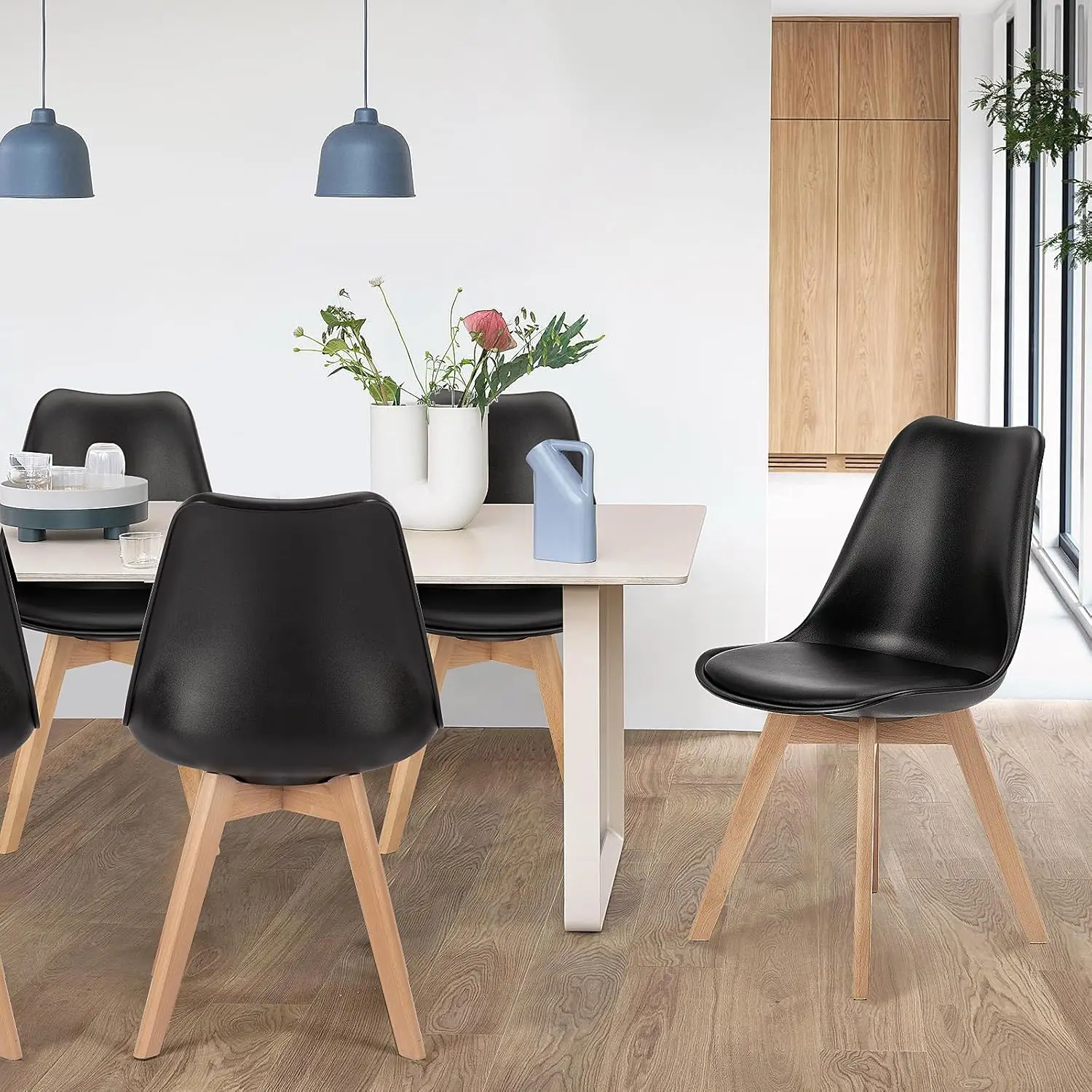 

Dining Chairs Set of 4, Dining Room PU Leather Mid Century Modern Chairs, Upholstered Dining Chair with Wood Legs, Black