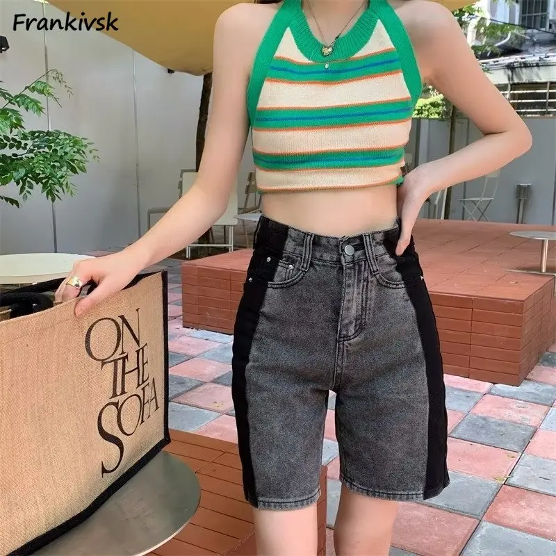 

S-5XL Shorts Women Chic High Street Korean Style Loose Knee Length Pockets Patchwork Contrast Color Vintage Denim Simple Summer