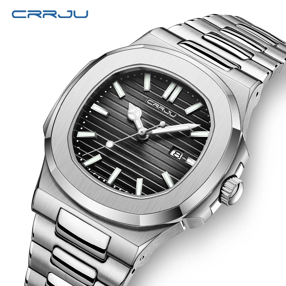 CRRJU New Watch For Men Luxury Brand Fashion Automatic Date Stainless Steel Quartz Wristwatch Business Luminous Pointer Watches