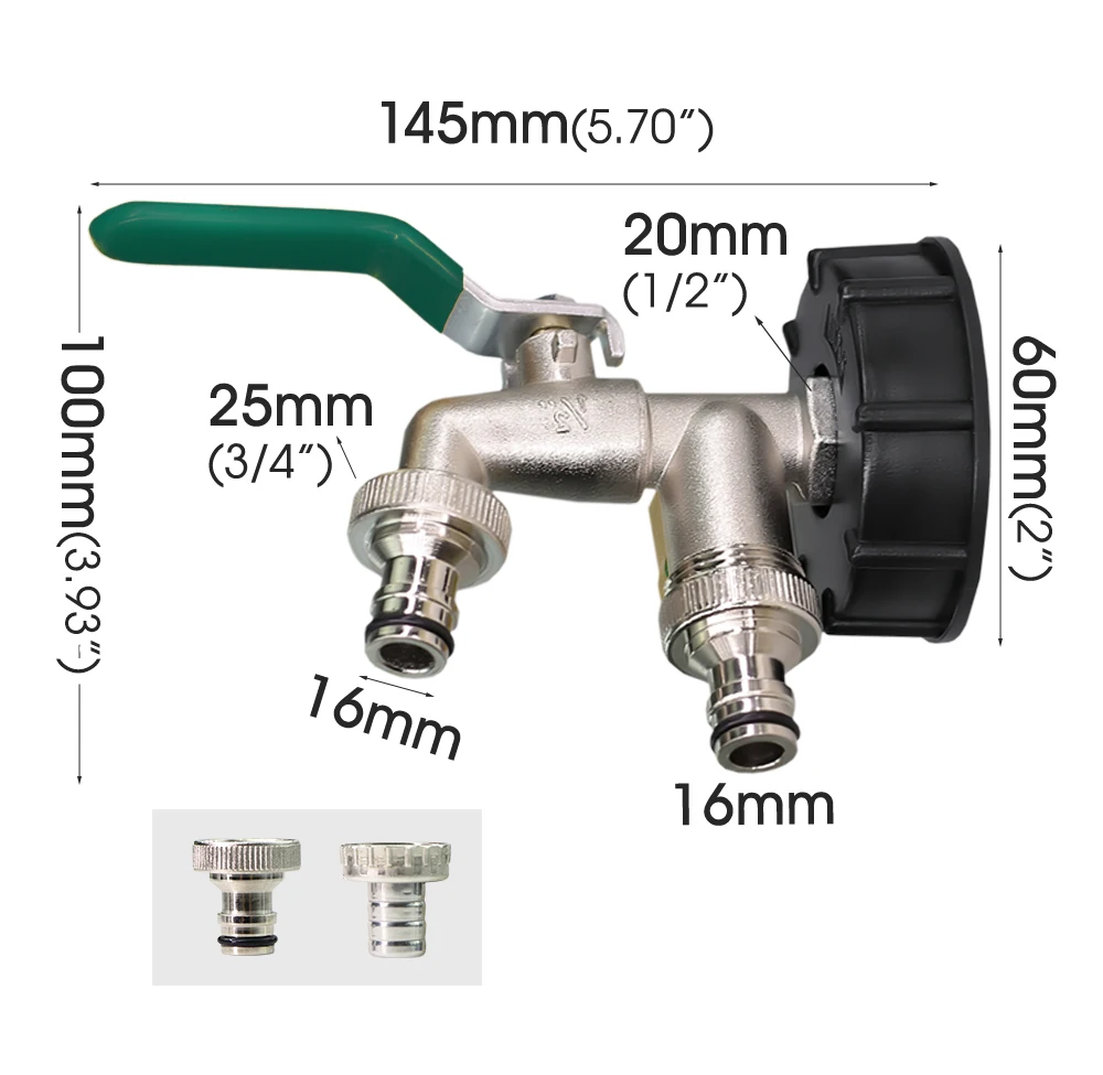 Tank Tap 1000L S60 IBC Faucet Connecter 1/2'' x 3/4'' 16mm Hose Adapter Drain Tank Garden Lever Tap Valve 2-Way 1-Way Shut Off