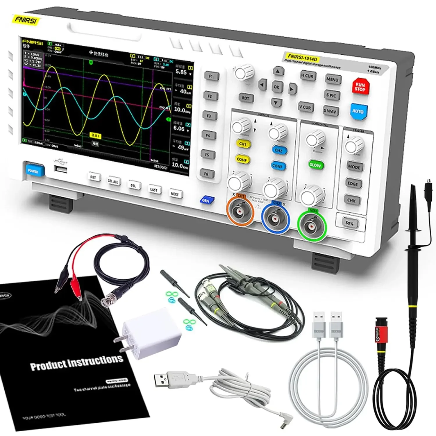 

2 Channel Oscilloscope ADS1014D, 2in1 Oscilloscope and Signal Generator, 100MHz, Built-in 1GB Storage Space, ANA-Log Bandwidth