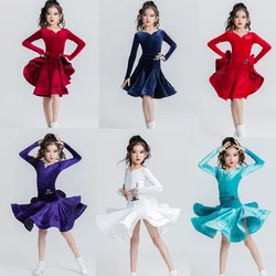 6 Colors National Standard Ballroom Dance Dresses Girls Velvet Latin Dance Performance Costumes Kids Stage Party Dress SL9535