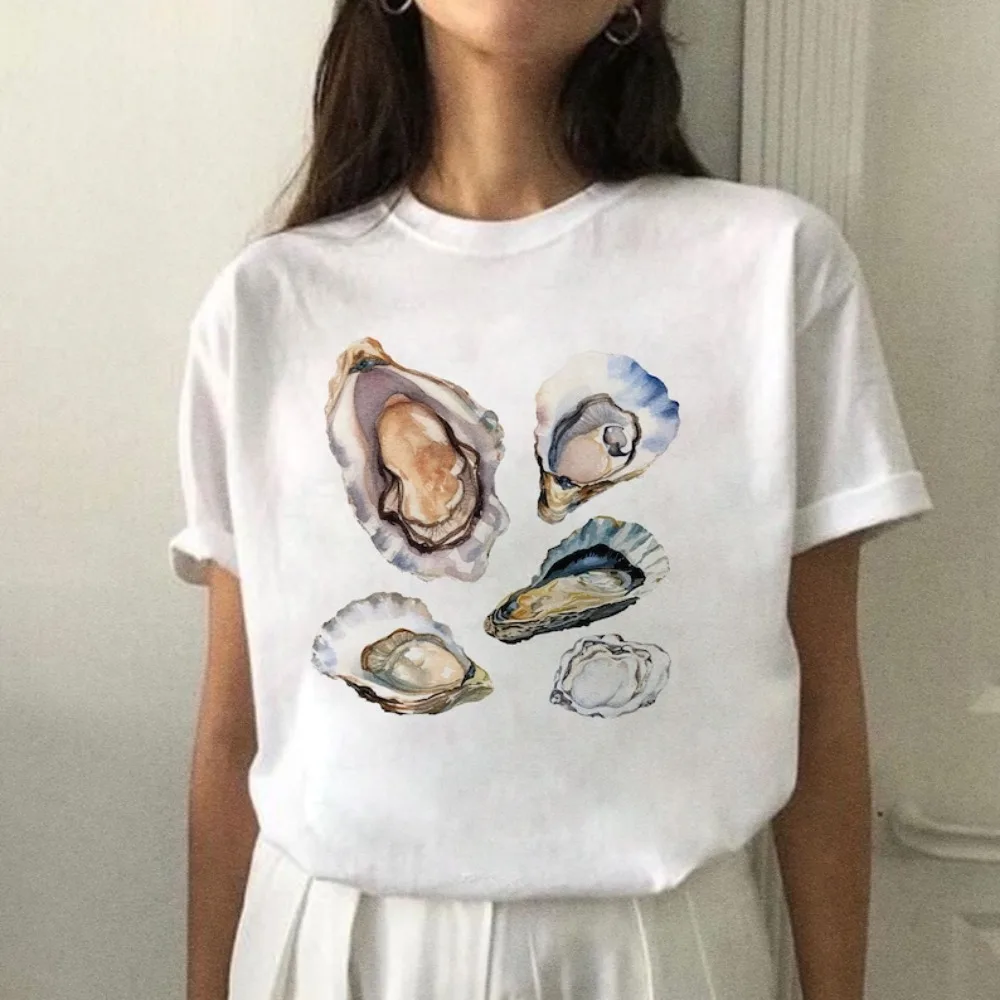 Y2k Kawaii Funny Tops Elegant Short Sleeve Fairy Tale Sea Shell Print Cotton Tee Gothic Harajuku Vintage  Aesthetic Streetwear