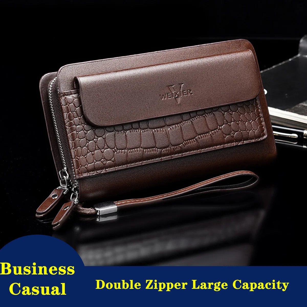 WEIXIER-cartera de piel auténtica para hombre, cartera de mano de piel sintética suave, con patrón de cocodrilo, Estilo clásico