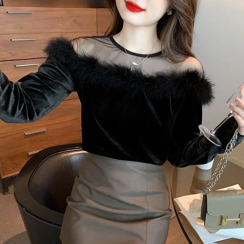 Retro Women\'s Spring Autumn 2024 Pure Desire Sexy Mesh Splicing Hairy Collar Off Shoulder Fashion Solid Color Long Sleeve Top