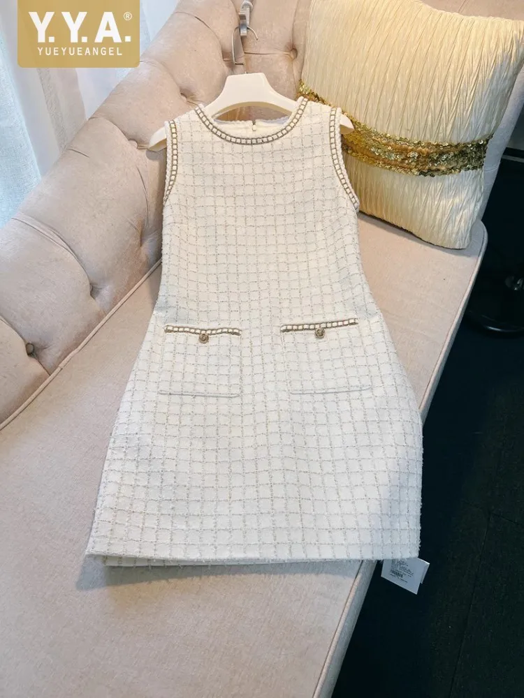 

Elegant Women Sleeveless Tweed Dress French Style Retro O-Neck High Waist Plaid Dress Summer Office Ladies A-Line Short Dresses