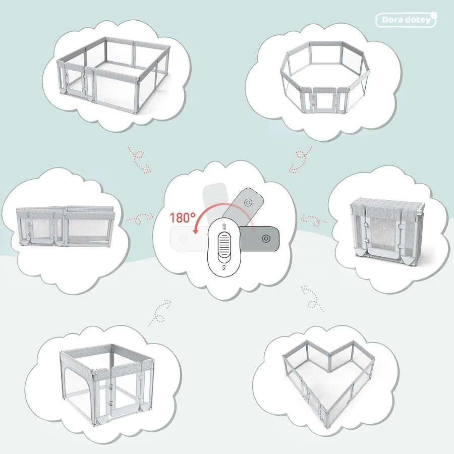 روضة أطفال مع بوابة، قلم لعب قابل للتعديل وقابل للطي، منطقة لعب سياج شديدة التحمل، روضة أطفال كبيرة (طباعة رمادية، 79 × 71 × 27 بوصة) #3