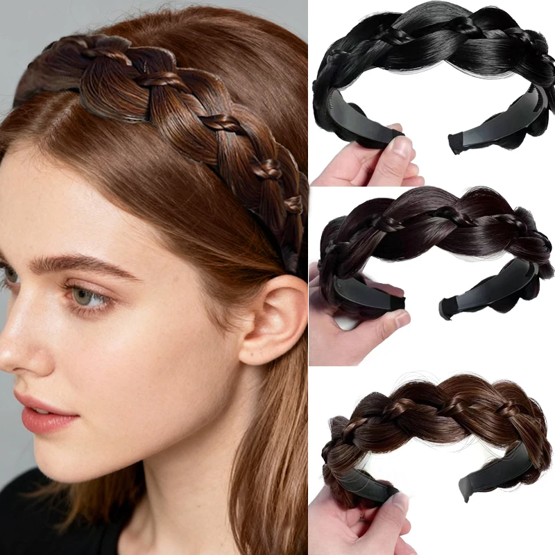 Synthetic Braided Hairband Hairpiece Handmade Retro Head Hoop Twist Headband Black Brown Hair wig for Women Girls Daily Use