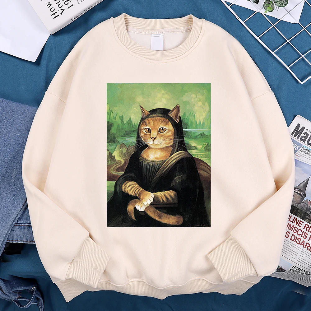 Orange Cat Parodies Mona Lisa Man Hoody For Women Casual Loose Sweatshirt Creativity O-Neck Clothes Autumn High Quality Hoodie