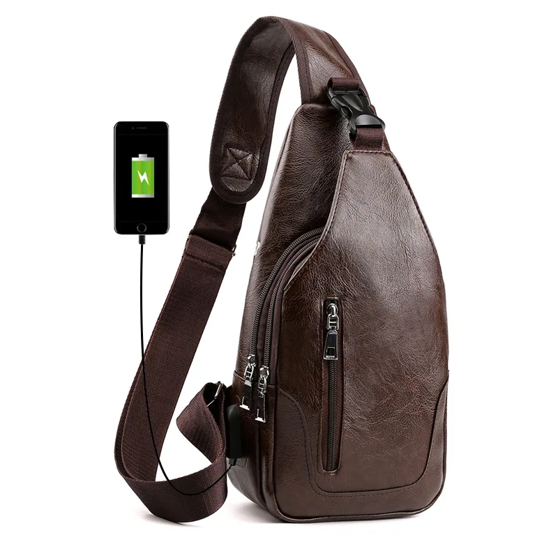 Saco de peito crossbody de couro PU masculino, saco de peito masculino, sling esportivo, multifunções, carregamento USB, moda