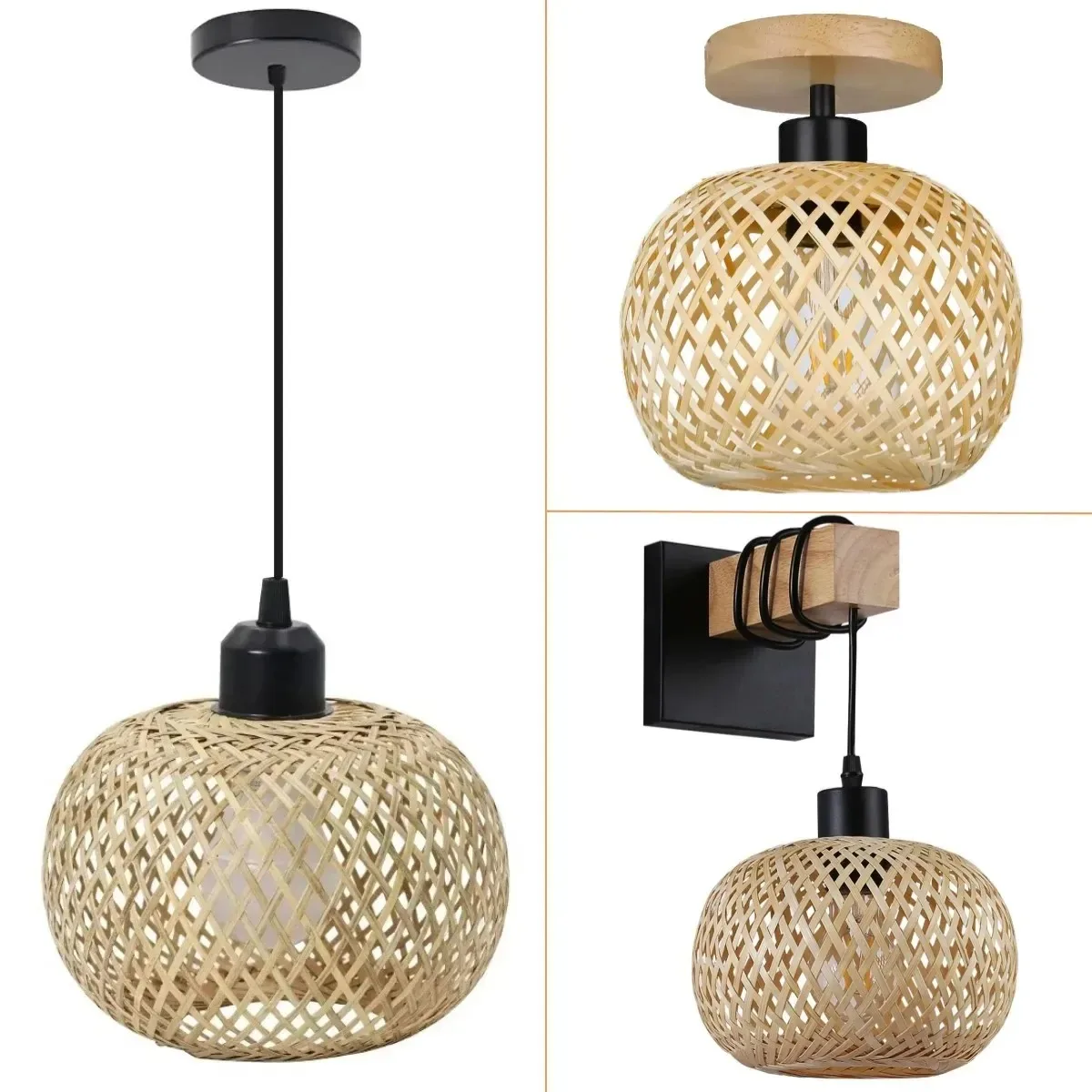 JOYINLED Modern Bamboo Pendant Light 20cm Plug-in Rattan Wall Lamp Kitchen Island Living Room Restaurant Cafe Ceiling Chandelier