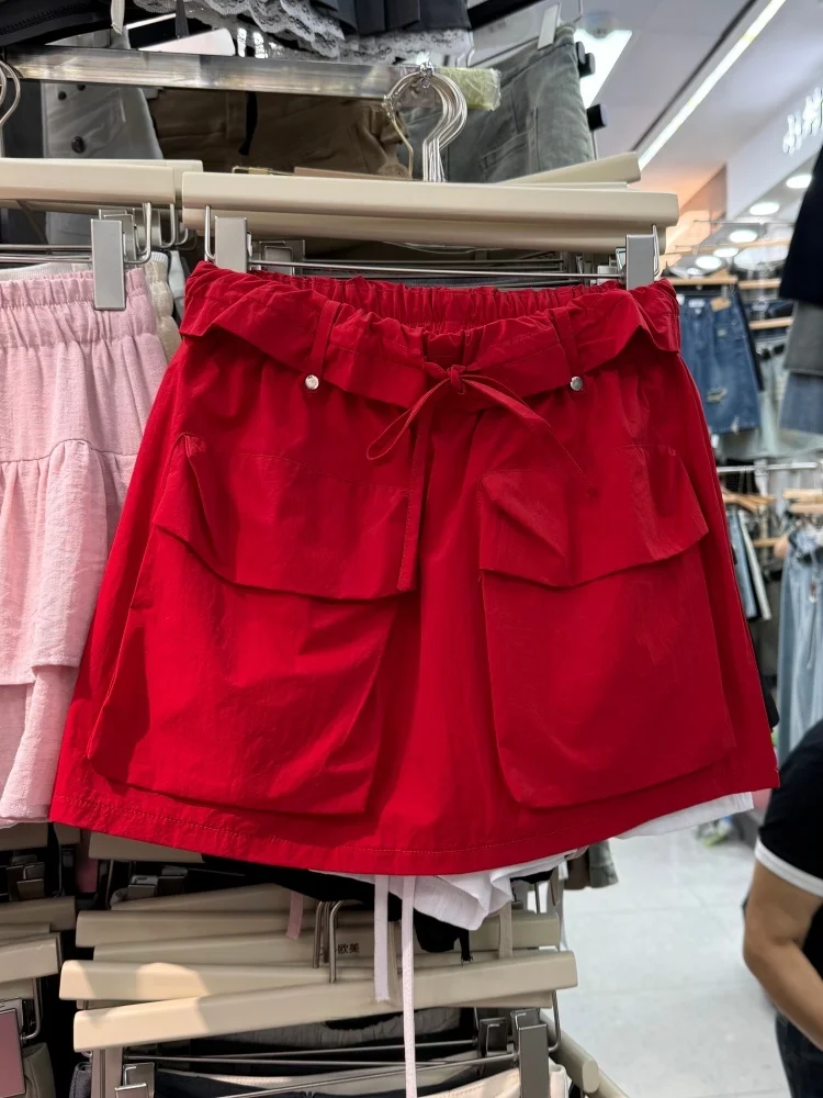 Red Workwear Style Half Skirt Women's Summer New Large Pocket Elastic Waist Slimming Casual A-Line  Skirt