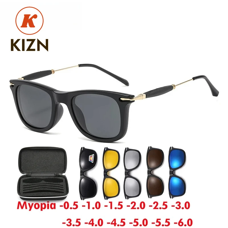 

KIZN 6 In1 Women Magnetic Clip Myopia Sunglasses Men Frames Glasses Fashion Polarized Custom Prescription Eyewear -0.5 to -6.0