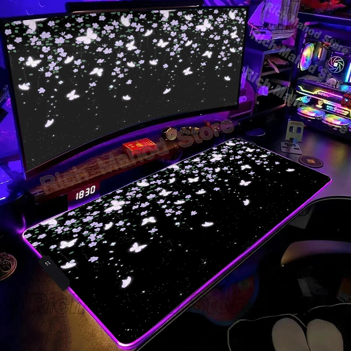 

Large RGB Mouse Pad Aesthetics Flower Butterfly Mousepad LED Gaming Pad XXL Luminous Backlit Mat Extended Deskmat PC Accessories