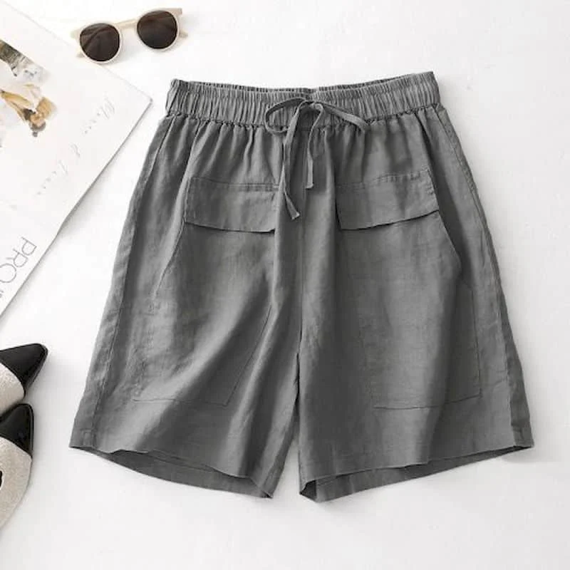 Solid Shorts Women Summer Casual Cotton Linen Straight Short Pants Korean Style Elastic Waist Five-point Trousers Women Clothing