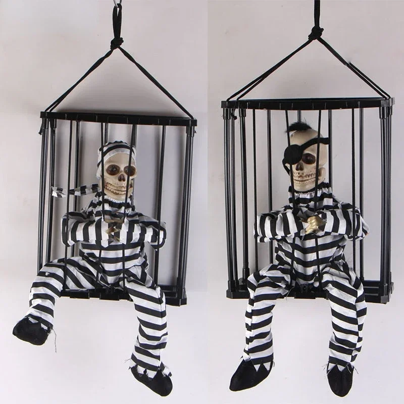 Halloween Horror Decoration Light Up Talking Skeleton Ghost Prisoner Cage Scary Halloween Electric Toy Haunted House Decor Prop