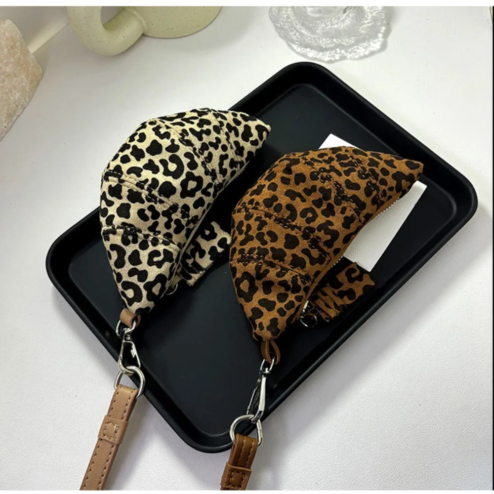 Creative Suede Leopard Print Hanging Neck Bag Y2K Croissant Coin Purse with Lanyard Handbag Card Holder Mini Storage Bag Travel