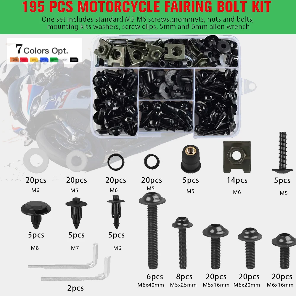 195PCS Fairing Bolt Kits Bodywork Screws Nut For BENELLI TRK 502X LEONCINO 500 TNT 125 AK 550 TRIUMPH TIGER 800 VESPA GTS 300