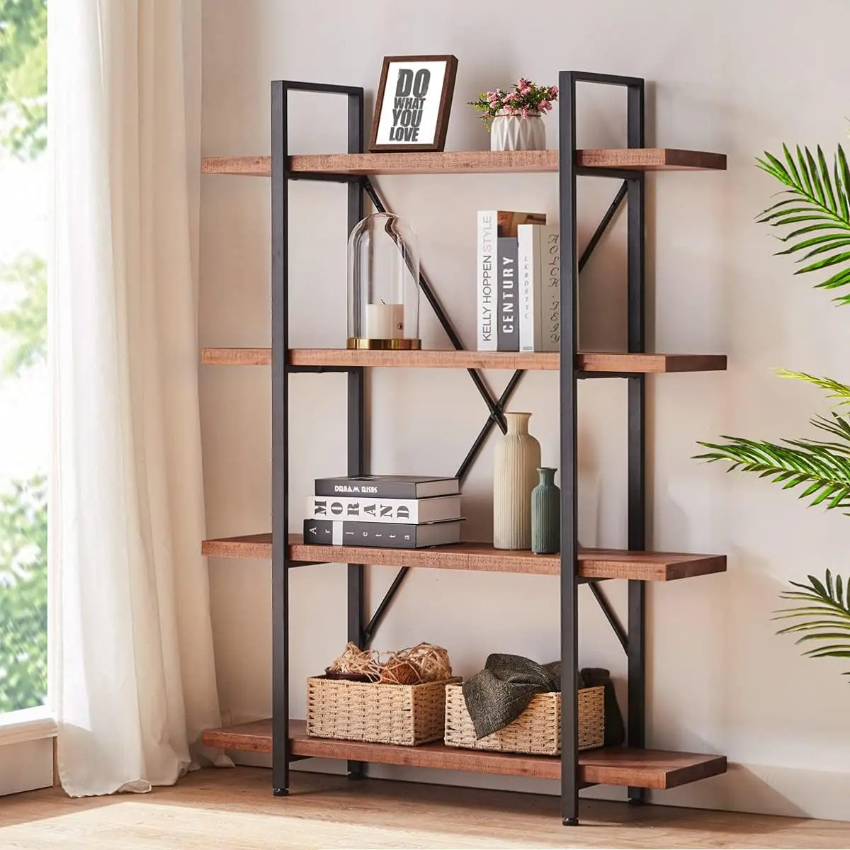 HSH 4 Tier Natural Real Wood Bookshelf, 4 Shelf Rustic Solid Wooden and Metal Bookcase, Farmhouse Open Vintage Industrial